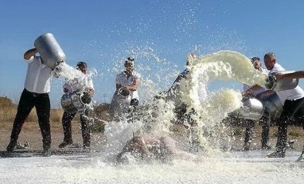 Si fa versare secchiate di latte addosso per protestare contro il prezzo stracciato