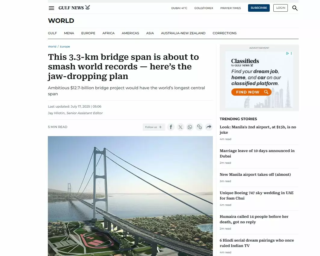 Il quotidiano di Dubai Gulf News: &ldquo;Il Ponte di Messina un progetto epocale&rdquo;