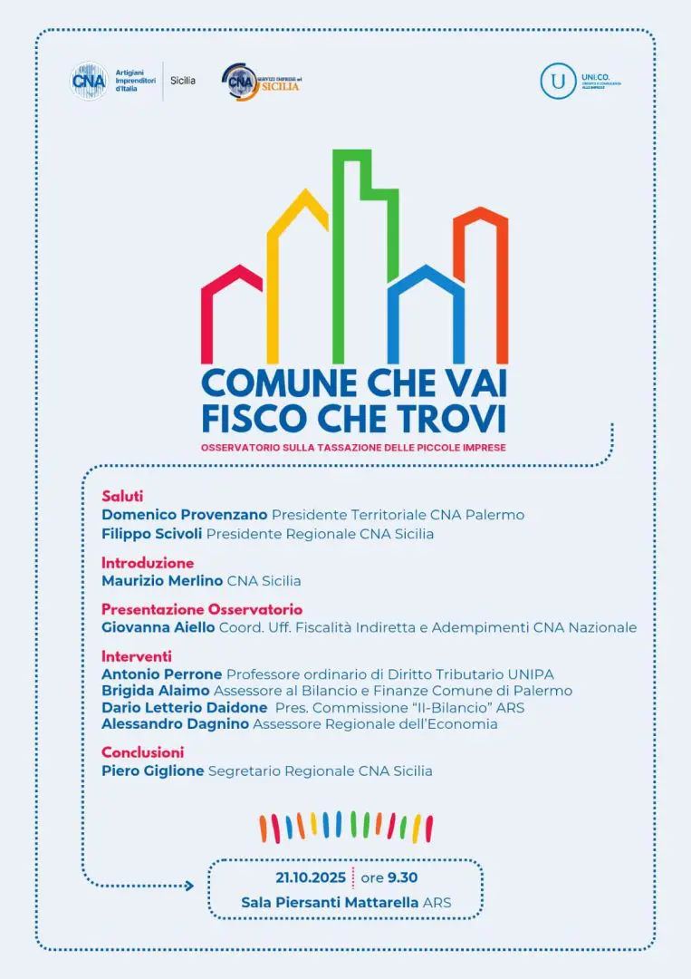 Cna Sicilia presenta il 21 ottobre a Palermo l&rsquo;Osservatorio &ldquo;Comune che vai, fisco che trovi&rdquo;